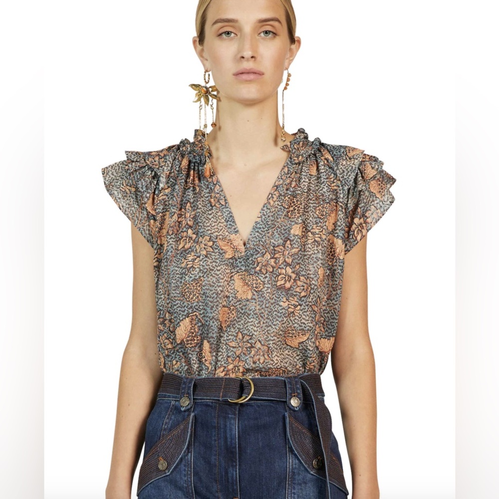 ULLA JOHNSON Alva Ruffled Printed Cotton-Blend Top in Aegean‎ Size 2